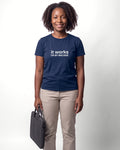 It works on my machine in Navy on Bella+Canvas 3001, worn by Nia. AI-generated model.