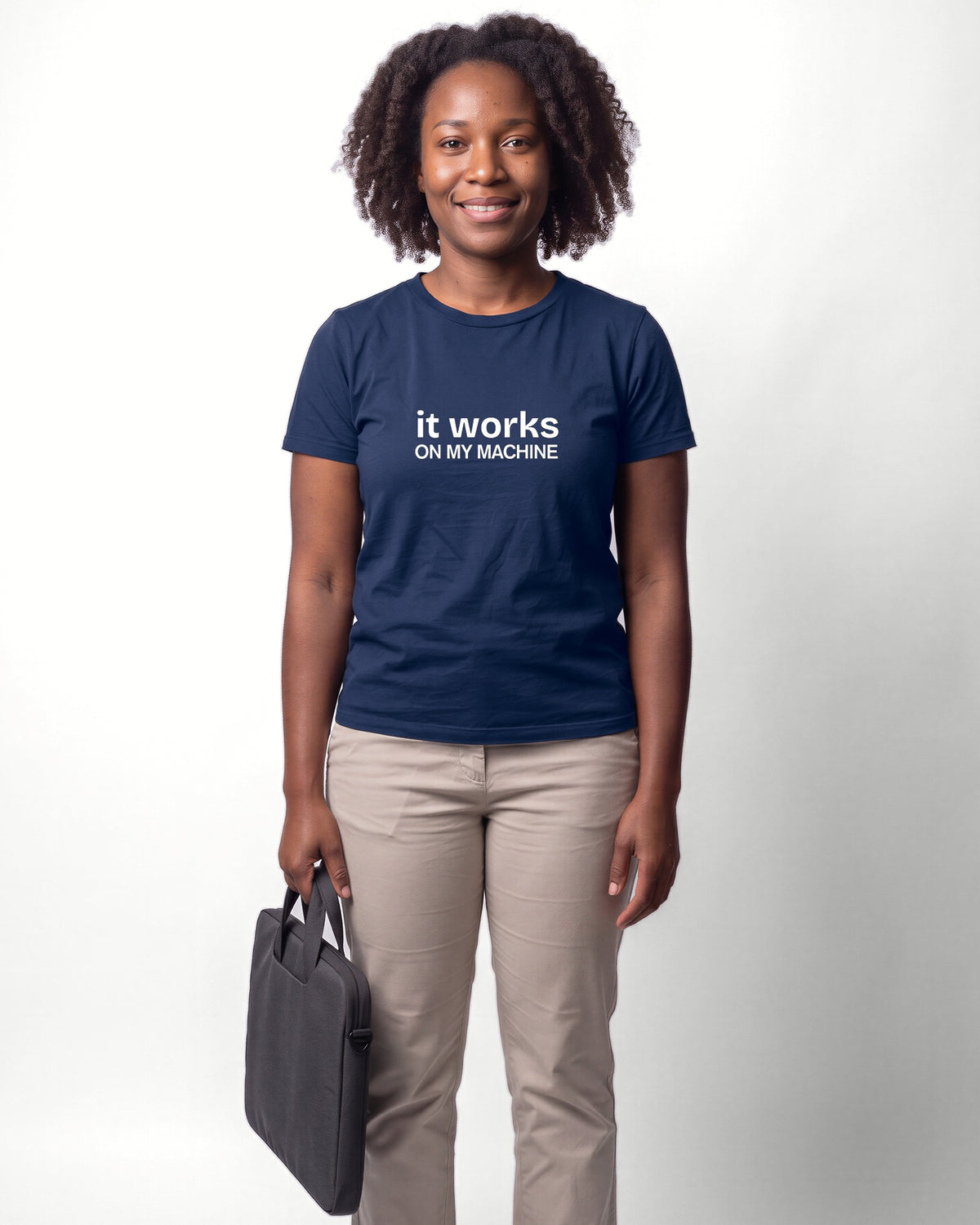 It works on my machine in Navy on Bella+Canvas 3001, worn by Nia. AI-generated model.