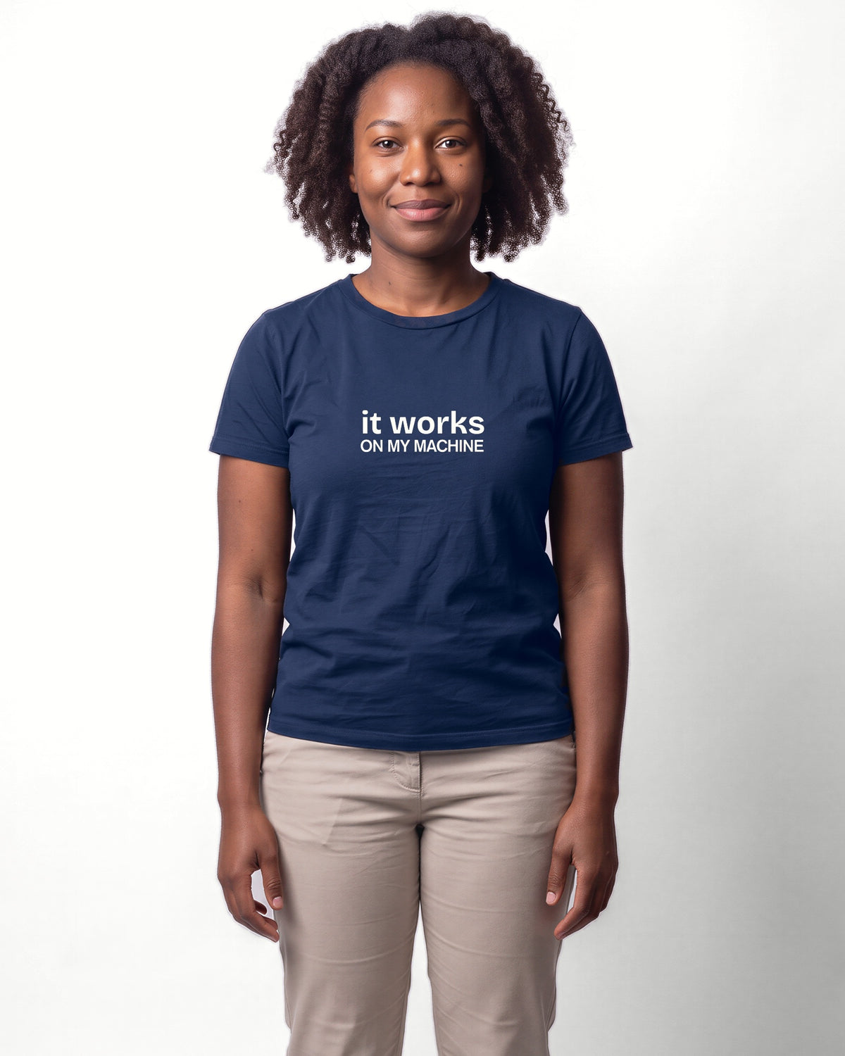 It works on my machine in Navy on Bella+Canvas 3001, worn by Nia. AI-generated model.