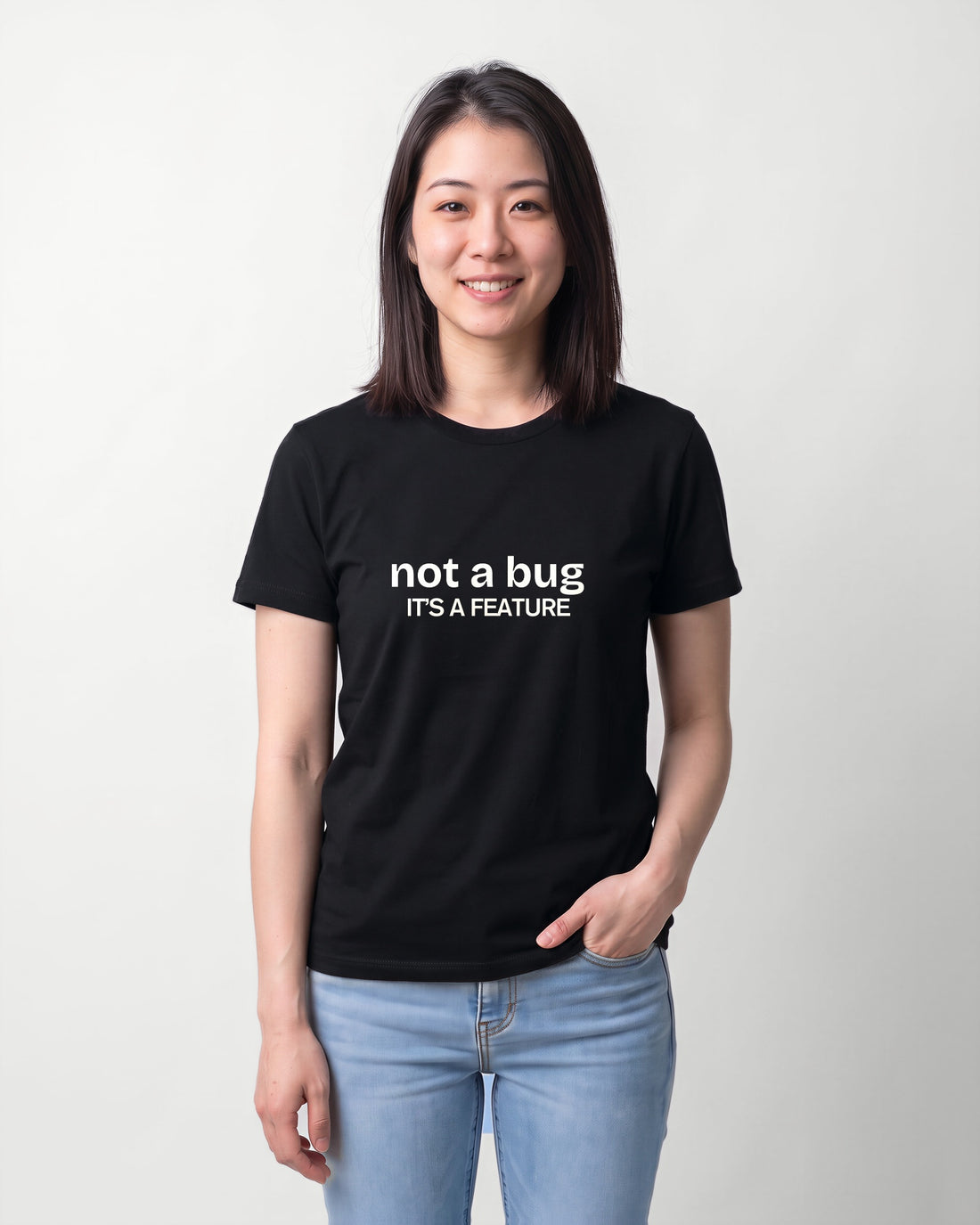 Not a bug its a feature in Black on Bella+Canvas 3001, worn by Sophie. AI-generated model.